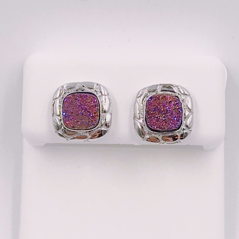 Sterling Silver Pink Druzy Cushion Cut Earrings